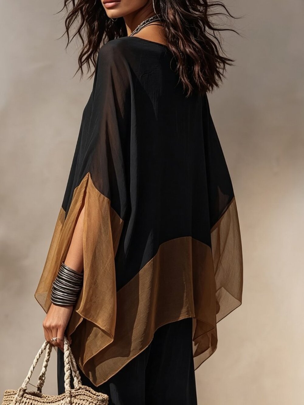 Multicolor Casual Women's Asymmetrical Deep V Split Sleeve T-Shirt - Picture 3 of 4